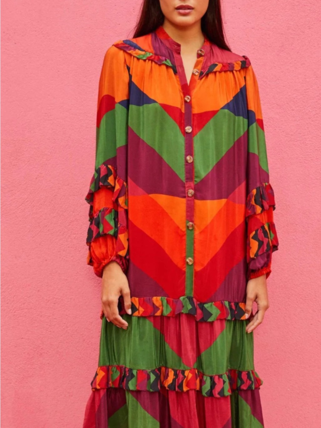 Nwt Farm Rio Multicolor Chevron Button-Front Maxi Dress Size L